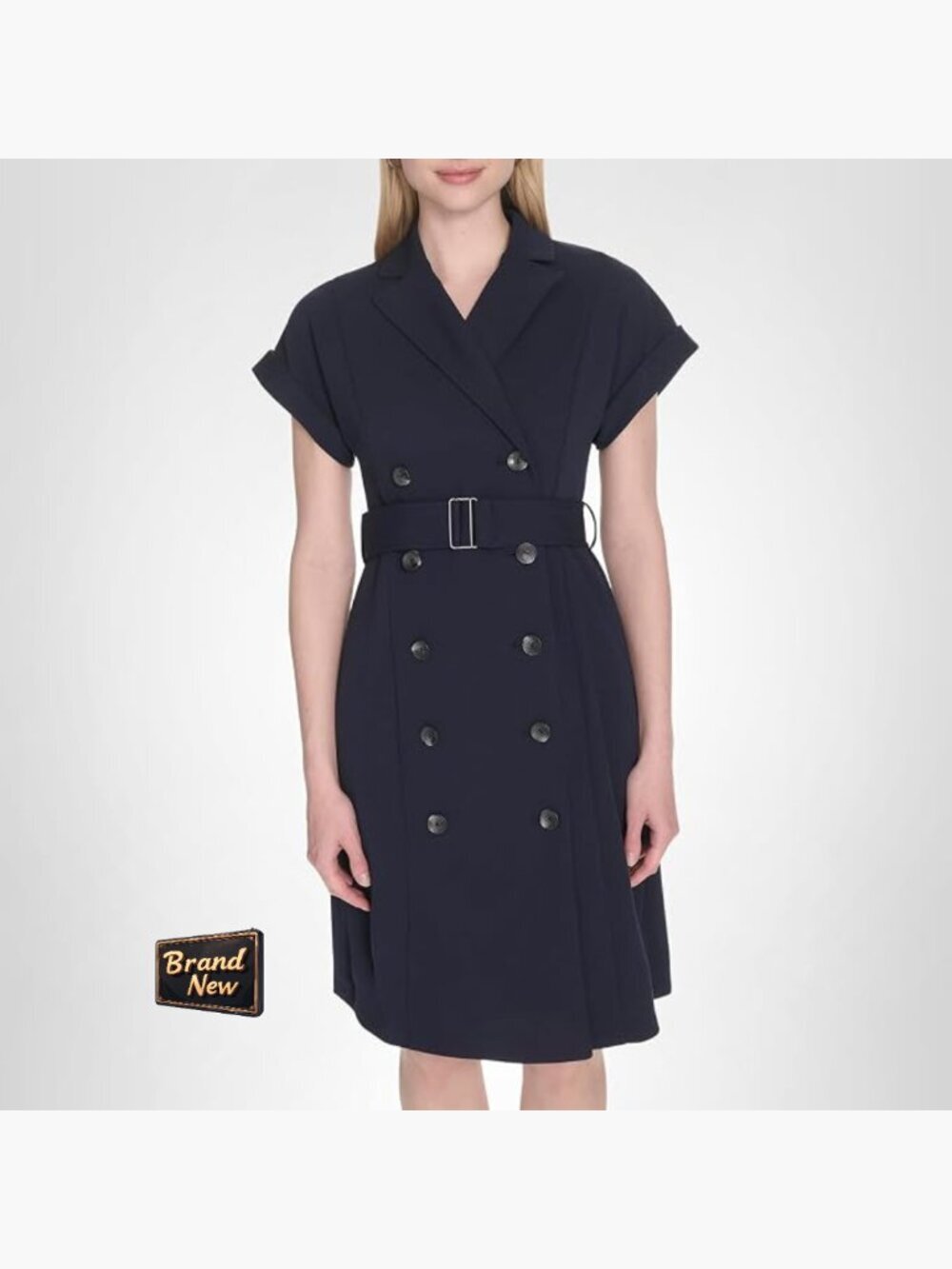 Short Sleeve Collared Belted Mini Dress Scuba Crepe Knee Length